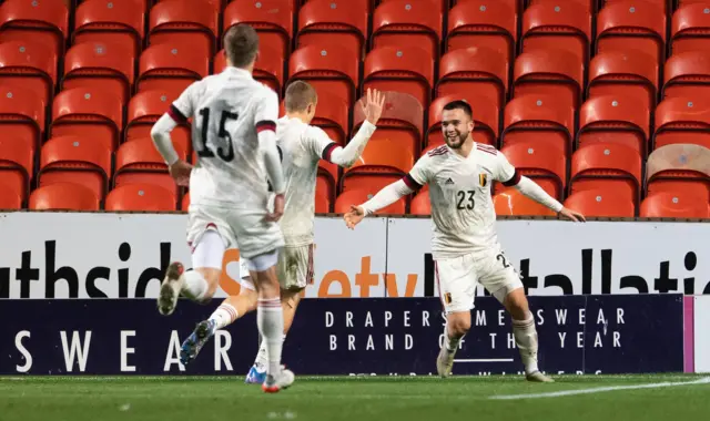 Nicolas Raskin (right) celebrates scoring for Belgium Under-21s