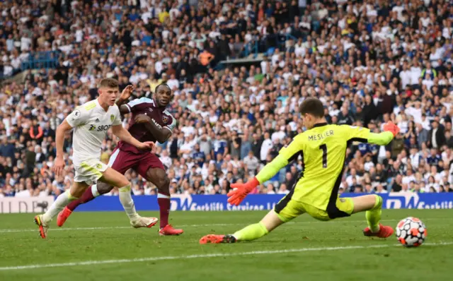 Michail Antonio scores at Elland Road last season