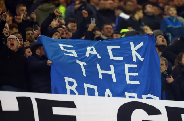 Everton fans hold up a 'sack the board' banner