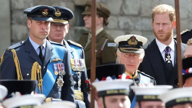 Princes William and Harry and King Charles during the funeral of Queen Elizabeth II