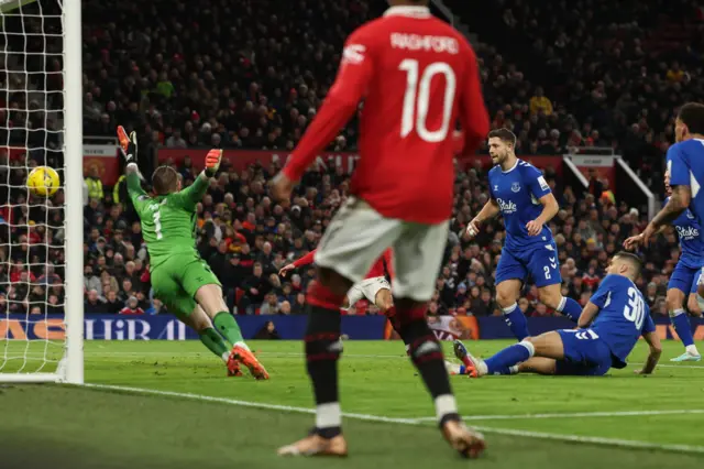 Conor Coady of Everton scores an own goal to give Manchester United a 2-1 lead during the Emirates FA Cup Third Round match between Manchester United and Everton