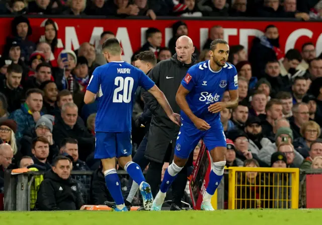 Everton's Dominic Calvert-Lewin comes on to replace team mate Neal Maupay during the Emirates FA Cup third round match at Old Trafford,