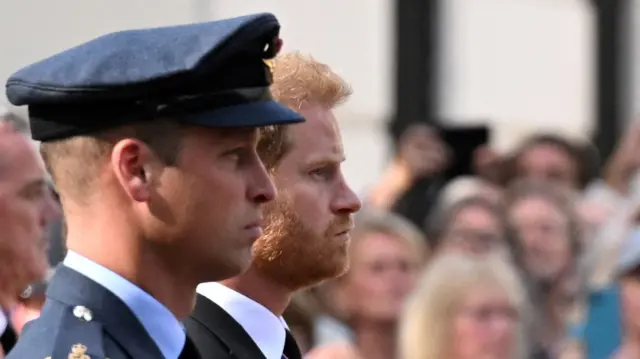 Prince William and Prince Harry stand side by side at the funeral of Queen Elizabeth