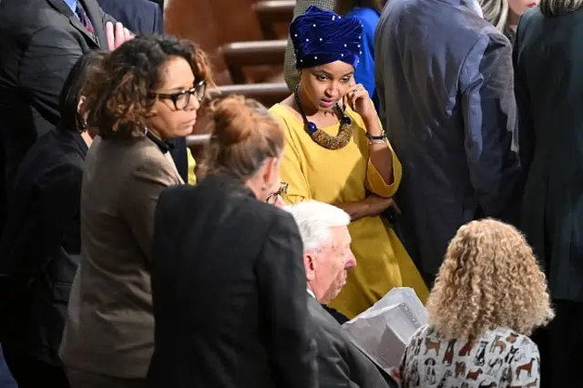 Democrat US Representative Ilhan Omar speaks with colleagues. Democrats have all consistently voted for Hakeem Jeffries.