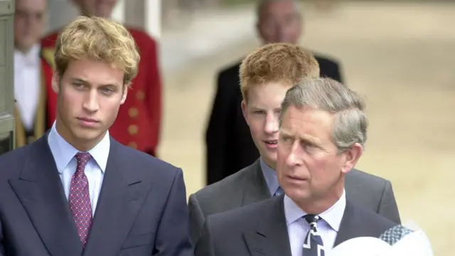 Princes William and Harry with their father, Charles, at the Queen Mothers 101st birthday in 2001