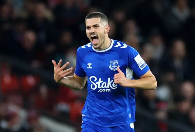 Everton's Conor Coady celebrates equalising against Man Utd