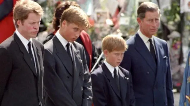 Earl Spencer, Prince William, Prince Harry and King Charles at Princess Diana's funeral