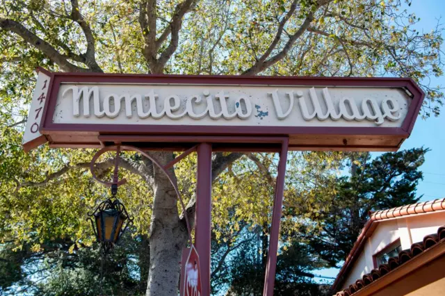 Sign reading Montecito Village, where Harry, Meghan and their children live