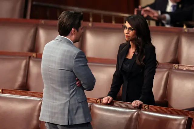 Matt Gaetz and Lauren Boebert confer ahead of the vote