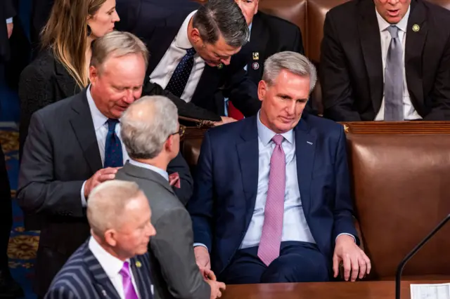 Kevin McCarthy looks on after the 14th vote on the House floor