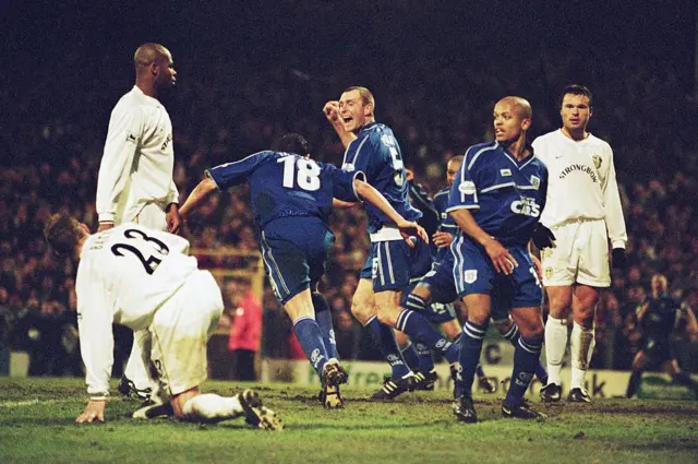 Cardiff celebrate scoring against Leeds in 2002