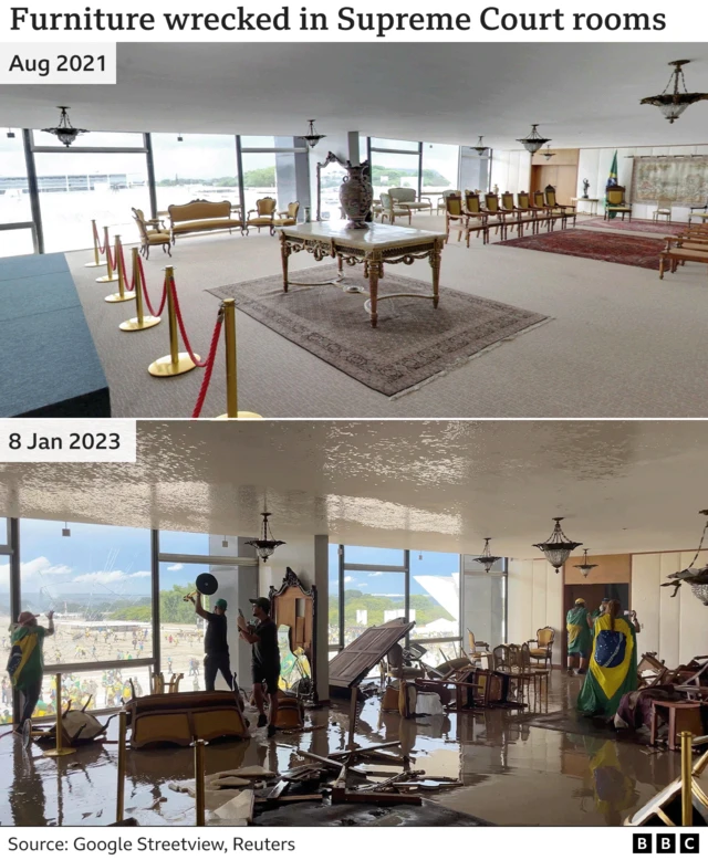 Before and after images of tables and chairs in Brazil's Supreme Court