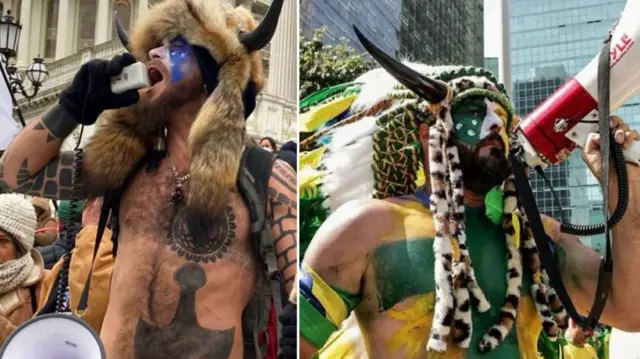 The photos showing the QAnon Shaman at the Capitol riot in Washington and the Brazilian version pictured in 2021