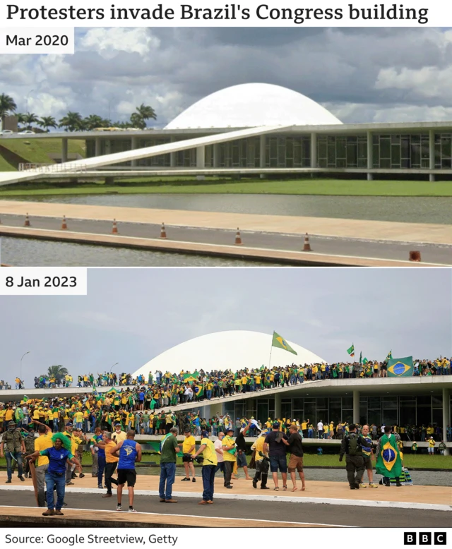 Before and after image of Brazil's congress building. The later picture has a large number of protesters.