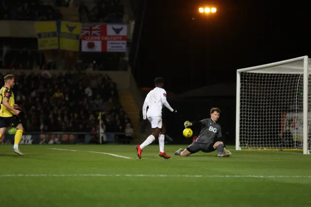 Eddie Nketiah scores Arsenal's third goal against Oxford United in the FA Cup third round