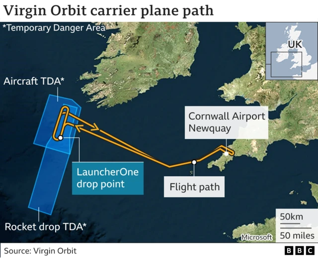 Map showing the plane's route from Newquay Airport to the rocket launch zone in the Atlantic Ocean