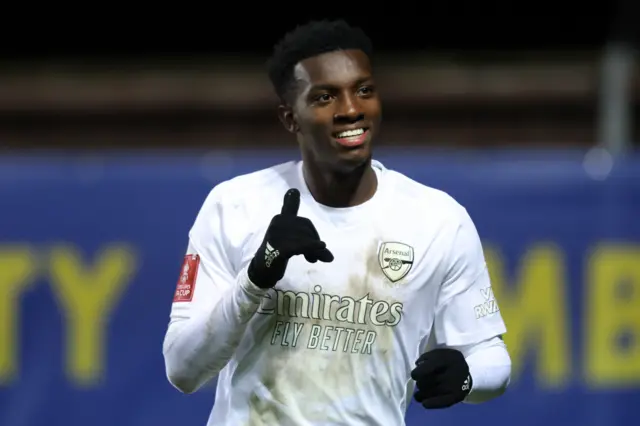 Eddie Nketiah celebrates scoring for Arsenal against Oxford United in the FA Cup third round