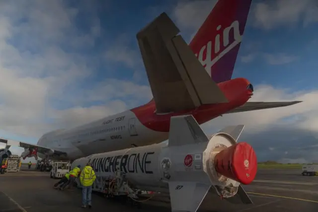 Photo of Cosmic Girl, a specially adapted 747 aircraft that carries Virgin Orbit's LauncherOne rocket at Spaceport Cornwall, at Cornwall Airport in Newquay.