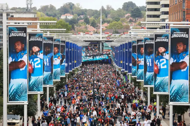 Wembley Stadium walkway decked out in Jacksonville Jaguars banners