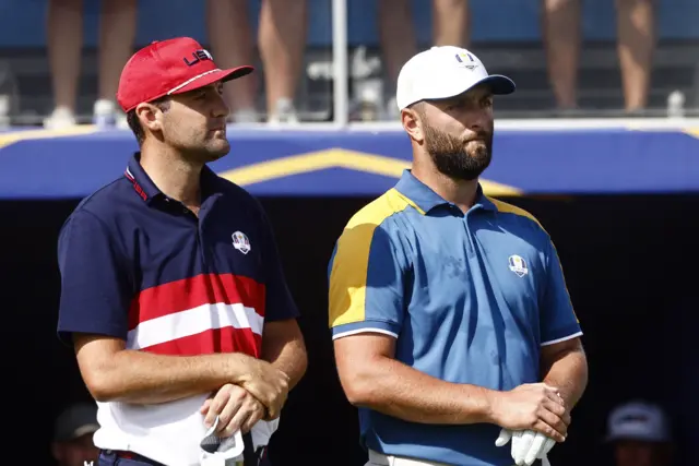 USA's Scottie Scheffler and Europe's Jon Rahm stood next to each other before their Ryder Cup singles match