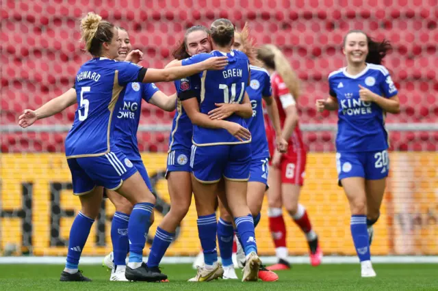 O'Brien is congratulated by team mates after putting Leicester ahead.