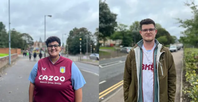 Two Villa fans Jordan and Henry pose in the controversial club kits.