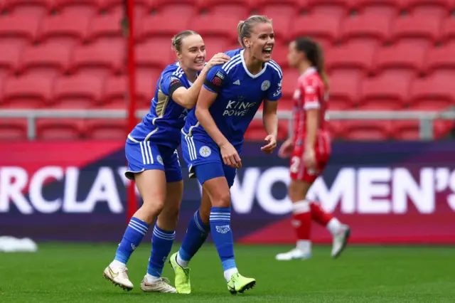 Petermann is congratulate after scoring Leicester's third goal.