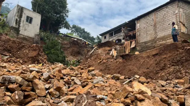 Houses hit by the landslide in Mbankolo, Yaoundé, Cameroon - Monday 9 October 2023