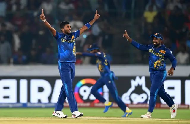 Dilshan Madushanka of Pakistan celebrates the wicket of Imam-ul-Haq of Pakistan during the ICC Men's Cricket World Cup India 2023 between Pakistan and Sri Lanka