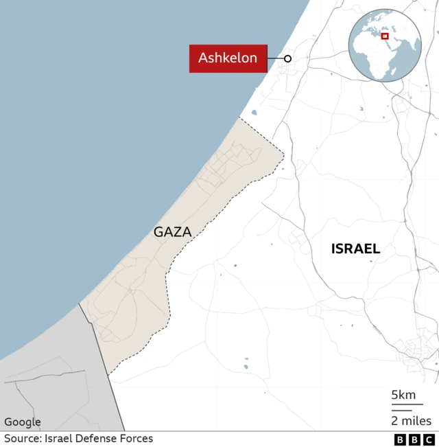 BBC map showing the location of Ashkelon in southern Israel - just to the north-east of the Gaza Strip