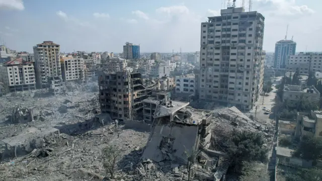 A view shows houses and buildings destroyed by Israeli strikes in Gaza City