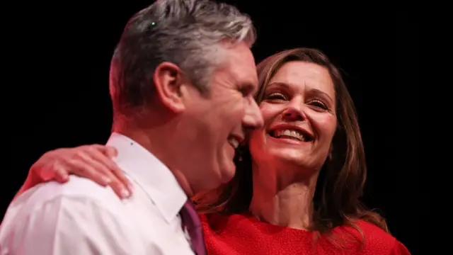 Labour Party Leader Sir Keir Starmer (L) with his wife Victoria Starker after his speech at the Labour Party Conference in Liverpool, Britain, 10 October 2023.