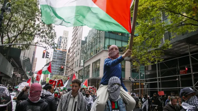 Palestinian supporters protest during a march in response to the conflict between Hamas and Israel in New York, New York, USA, 09 October 2023.
