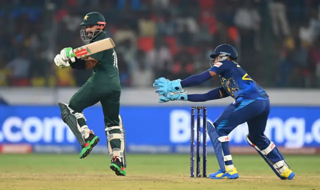 Pakistan's Muhammad Rizwan plays a shot against Sri Lanka in the World Cup