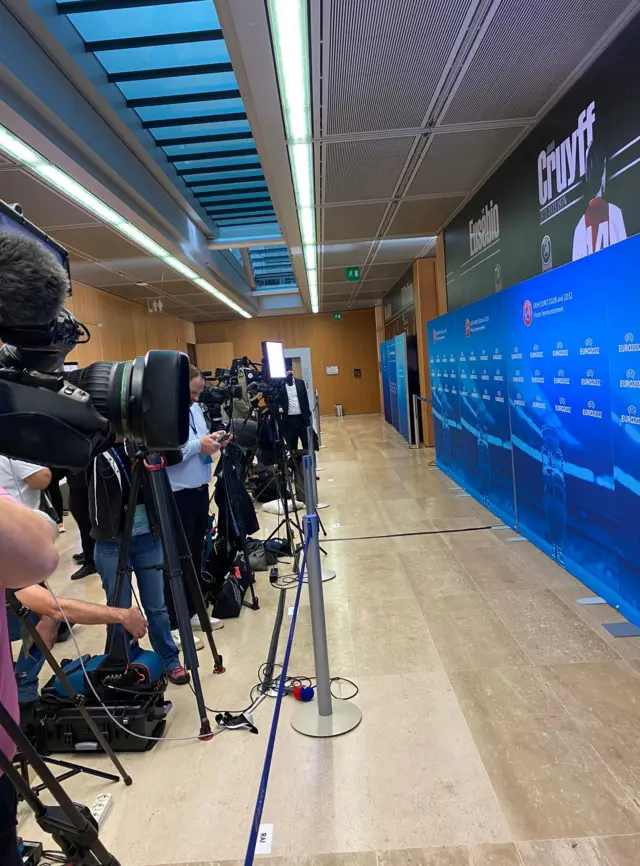 The mixed zone at UEFA headquarters, Nyon
