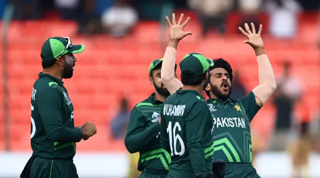 Pakistan's Hassan Ali celebrates the wicket of Kusal Perera