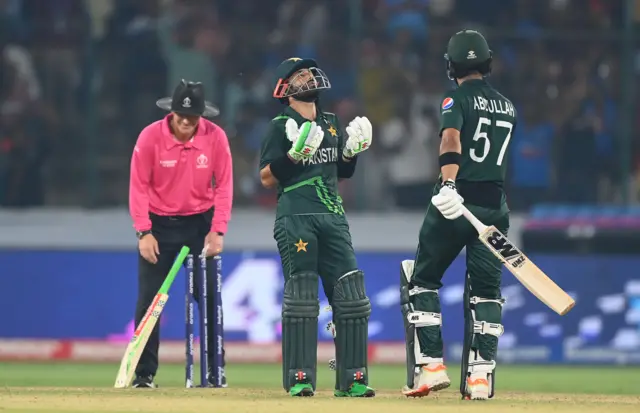 Pakistan's Muhammad Rizwan celebrates reaching his half-century against Sri Lanka in the World Cup