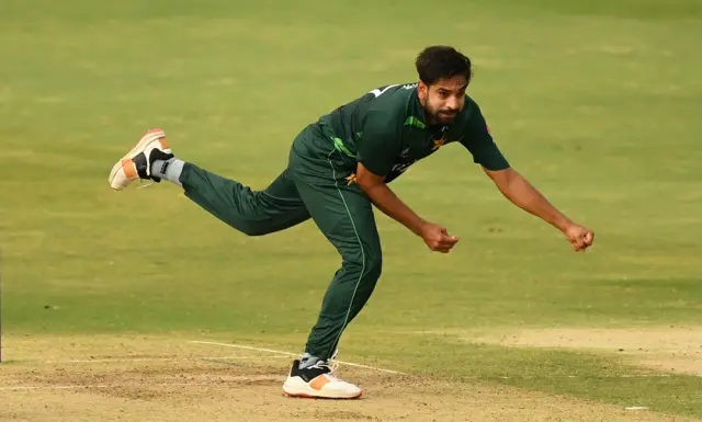 Pakistan's Haris Rauf bowls against Sri Lanka in the World Cup