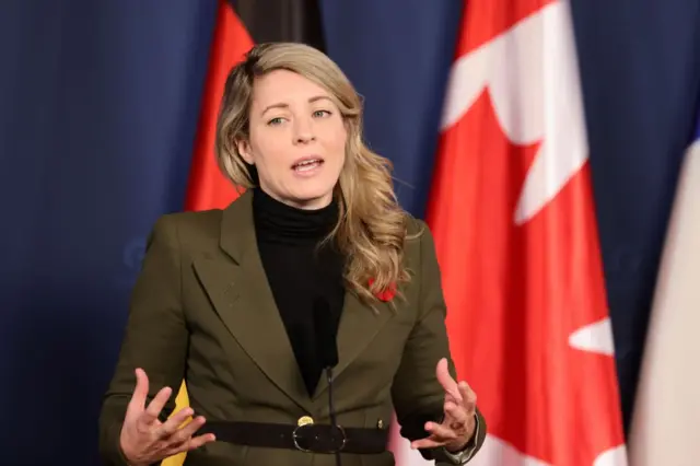 Canadian Foreign Minister Melanie Joly gives a statement upon her arrival for bilateral meetings following the G7 Foreign Ministers summit at the historical city hall on November 4, 2022 in Muenster, Germany.