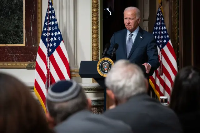 U.S. President Joe Biden speaks during a roundtable with Jewish community leaders in the Indian Treaty Room of the Eisenhower Executive Office Building October 11, 2023 in Washington, DC. President Biden spoke about the United States' support for Israel following the Hamas terrorist attacks.