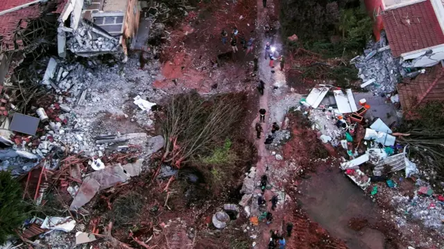 Aerial view of destruction in kibbutz Be'eri in southern Israel