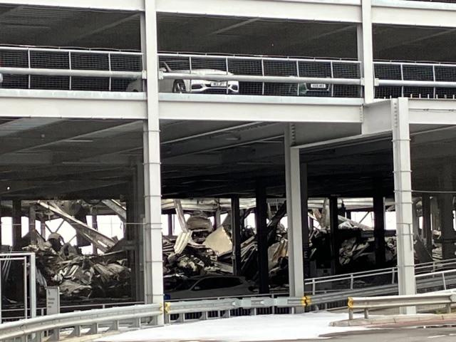 Internal metal work and concrete crumbled on one level