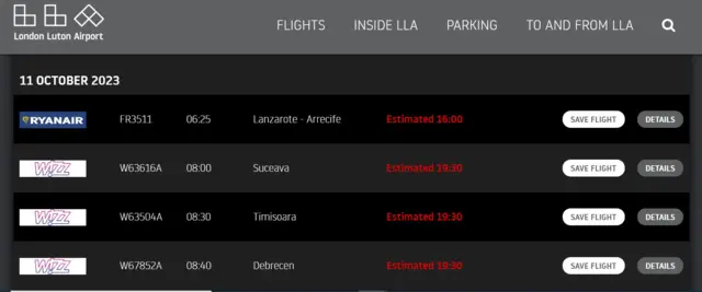 Online departures board shows flights leaving at 16:00 BST