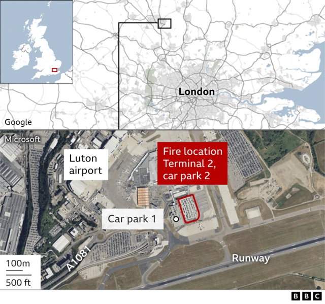 Locator map showing Luton airport location to the north of London, as well as the location of Luton airport in east Luton. The location of the fire in theTerminal 2 car part is also marked.