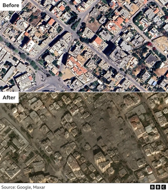 A 'before' and 'after' satellie image showing the destruction of many buildings