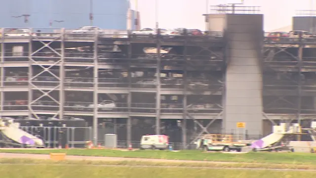 Smoke damage can be seen on the outside the car park