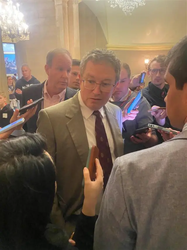 Kentucky Republican Thomas Massie talks to reporters on the Hill on Wednesday