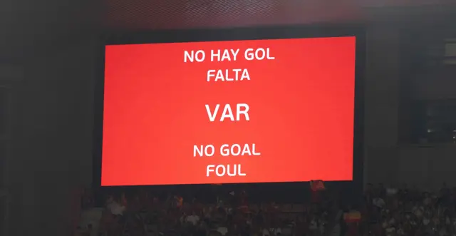 The LED Screen shows No Goal after a VAR check during a UEFA Euro 2024 Qualifier at the Estadio De La Cartuja