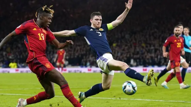 Spain's Nico Williams and Scotland's Andrew Robertson battle for the ball during the UEFA Euro 2024 qualifying group A match at Hampden Park, Glasgow