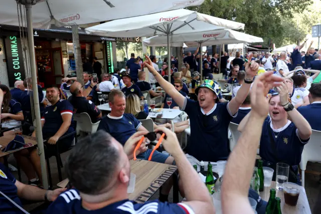 Scotland fans gather in Seville before the UEFA Euro 2024 Qualifying Group D match at the Estadio La Cartuja de Sevilla in Seville, Spain.